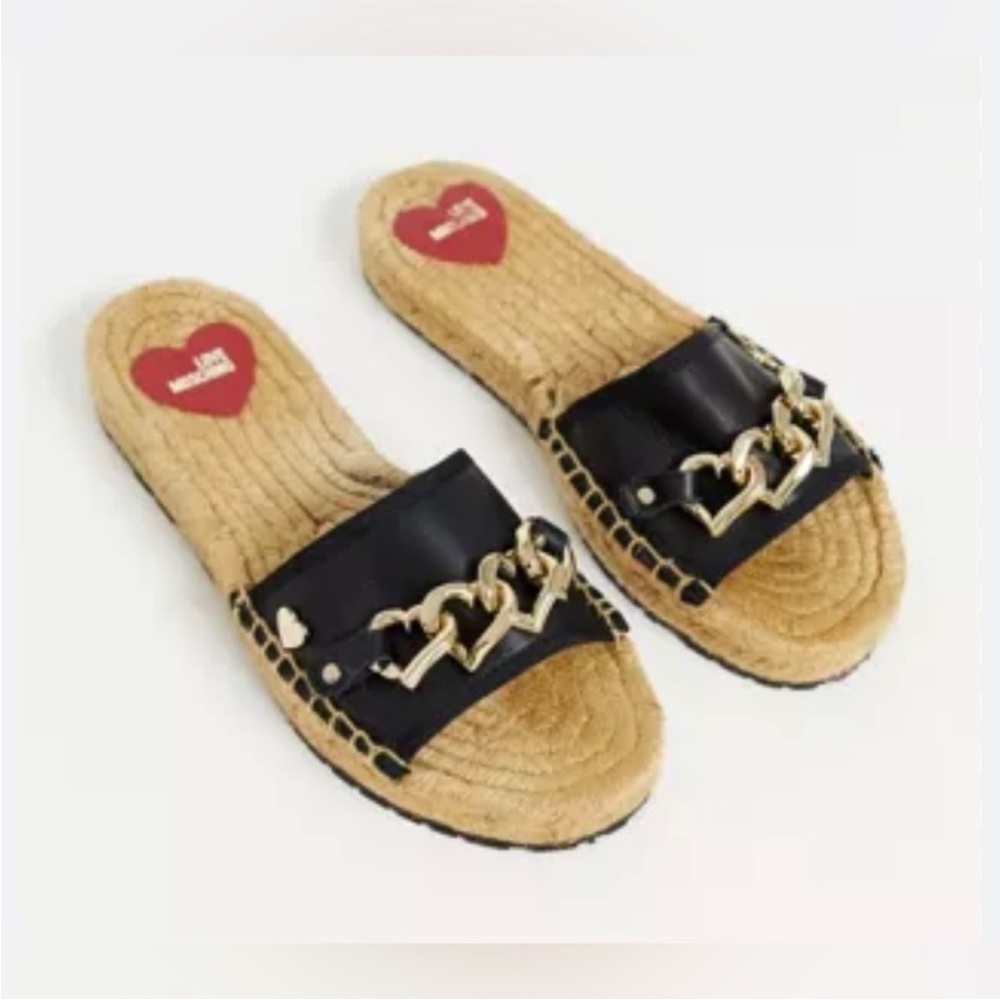 Heart Chain Black Leather Espadrille Sliders
